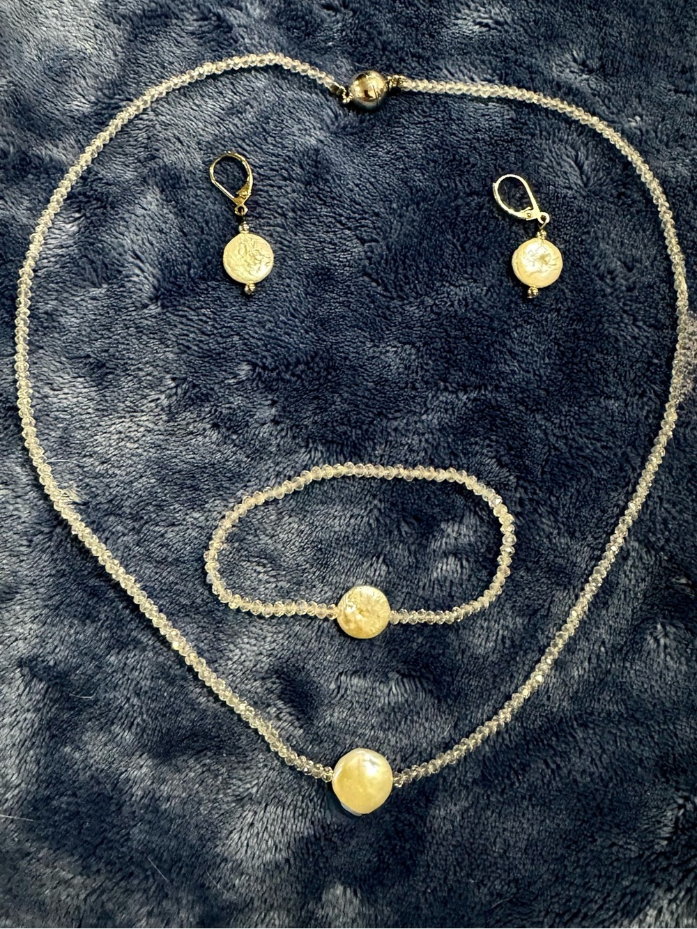 White pearl Necklace, Bracelet & Earring Set - Clear Beaded Accents